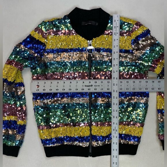 BEBE Sequin Bling Bomber Jacket Women Small Multicolor Striped Colorblock - Picture 6 of 6